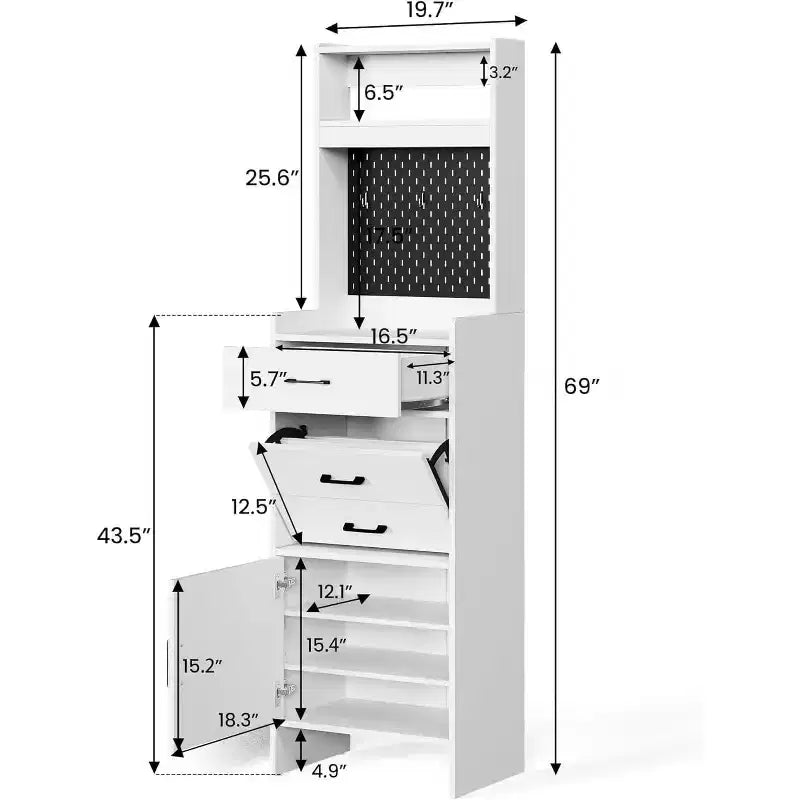Scarpiera da ingresso 5-in-1 con cassetto a ribalta, pannello forato, ripiano regolabile e contenitore