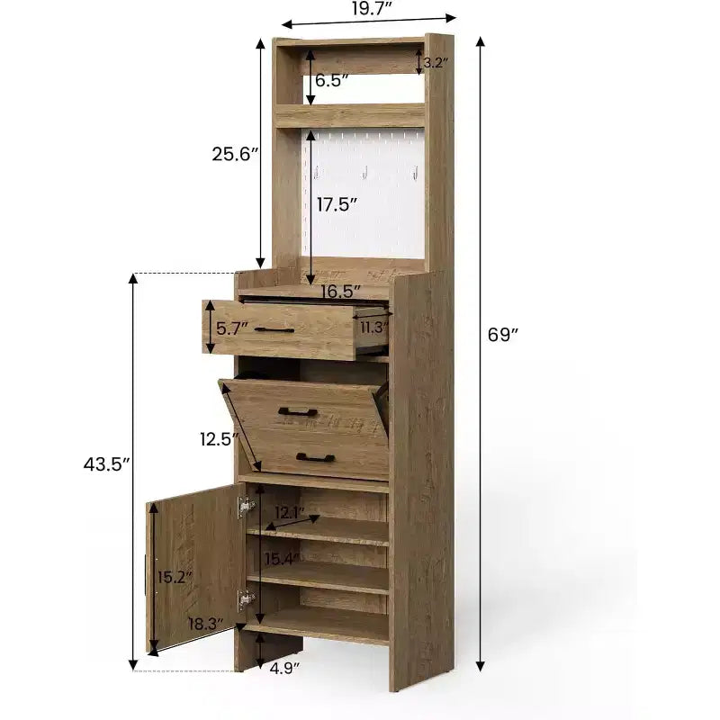 Scarpiera da ingresso 5-in-1 con cassetto a ribalta, pannello forato, ripiano regolabile e contenitore