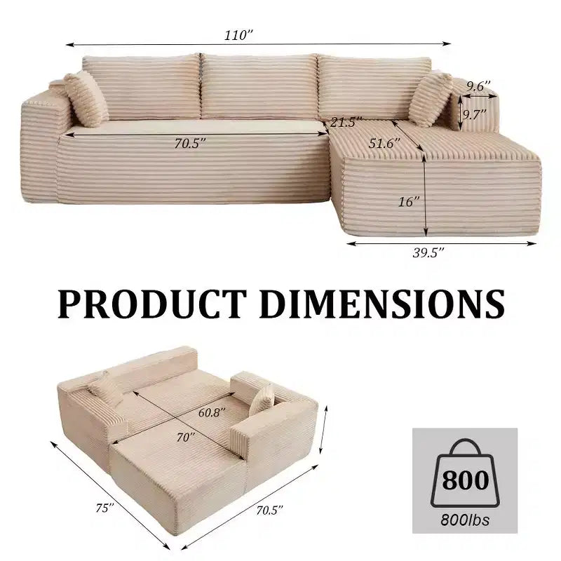 Divano sezionale a L in 2 pezzi con tessuto in velluto a coste, nessun assemblaggio richiesto