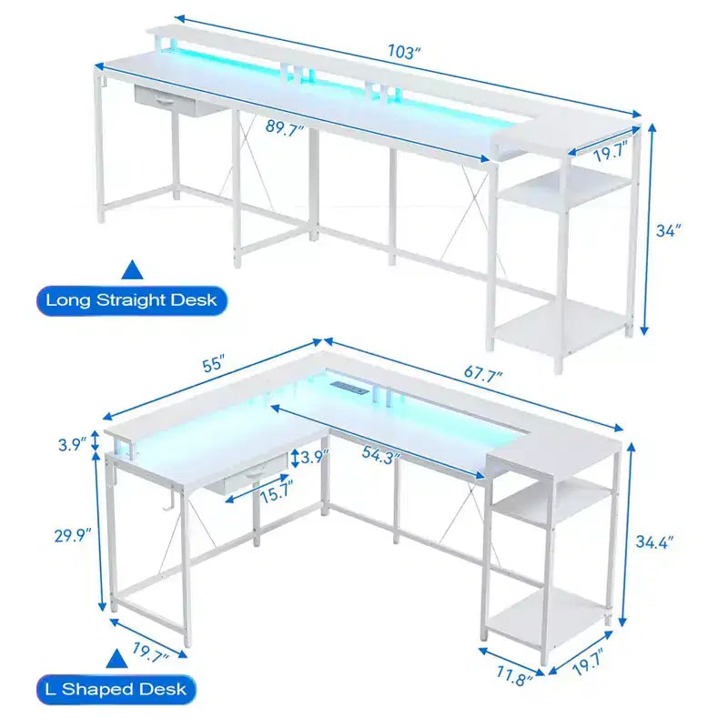 Scrivania da Gaming a L da 68 Pollici con Luci LED, Prese di Corrente, Ripiano per Monitor e Cassetto Portadocumenti