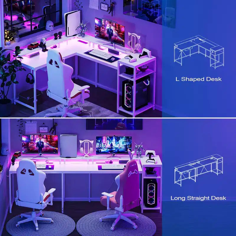 Scrivania da Gaming a L da 68 Pollici con Luci LED, Prese di Corrente, Ripiano per Monitor e Cassetto Portadocumenti