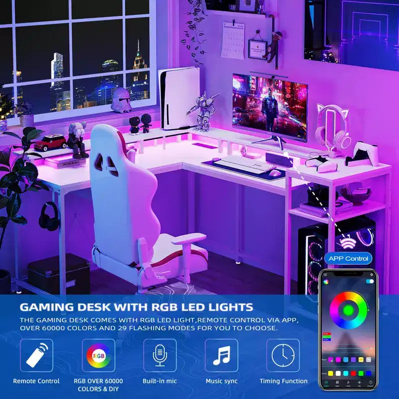 Scrivania da Gaming a L da 68 Pollici con Luci LED, Prese di Corrente, Ripiano per Monitor e Cassetto Portadocumenti