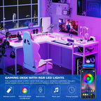 Scrivania da Gaming a L da 68 Pollici con Luci LED, Prese di Corrente, Ripiano per Monitor e Cassetto Portadocumenti