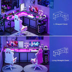 Scrivania da Gaming a L da 68 Pollici con Luci LED, Prese di Corrente, Ripiano per Monitor e Cassetto Portadocumenti