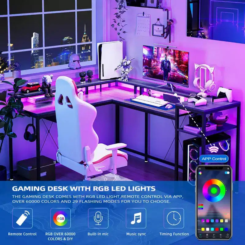 Scrivania da Gaming a L da 68 Pollici con Luci LED, Prese di Corrente, Ripiano per Monitor e Cassetto Portadocumenti