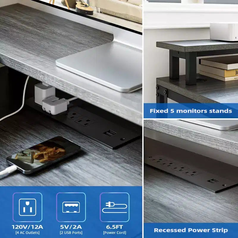 Scrivania da Gaming a L da 68 Pollici con Luci LED, Prese di Corrente, Ripiano per Monitor e Cassetto Portadocumenti