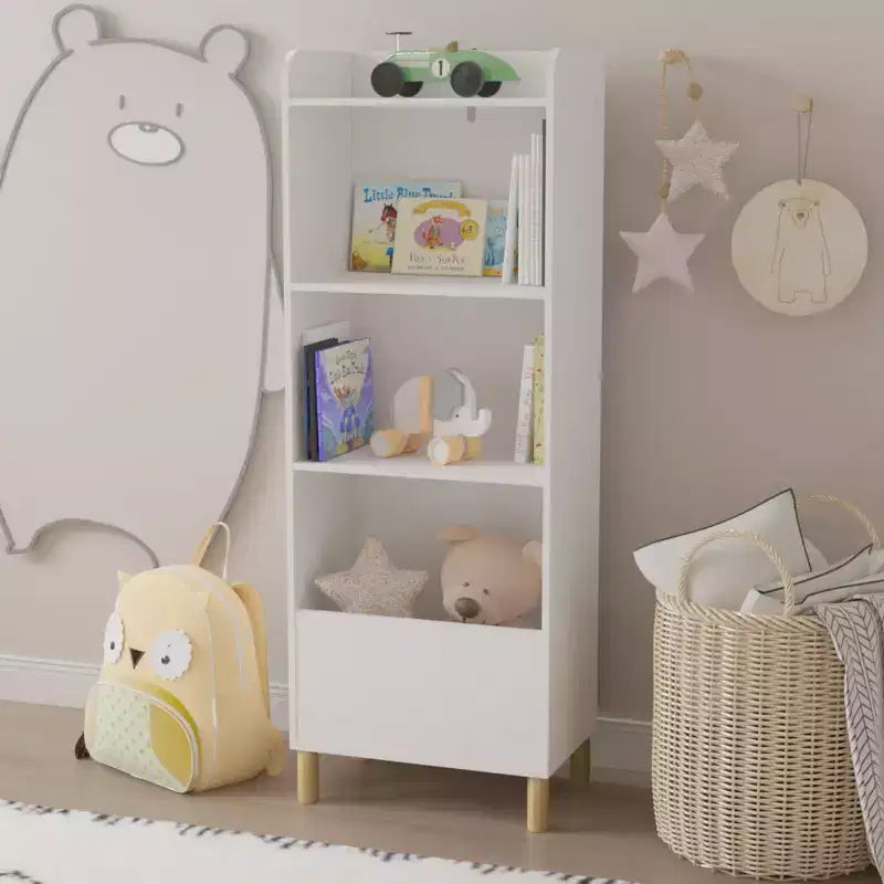 Libreria per bambini a 4 ripiani con contenitore e organizer per giocattoli