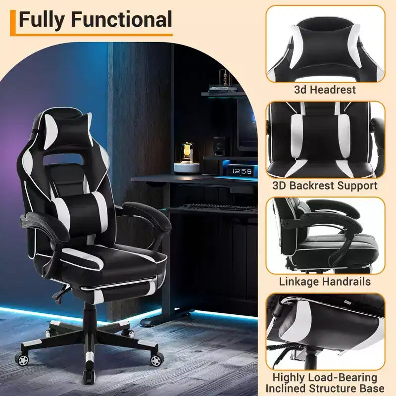 Sedia da Gaming Regolabile in Altezza con Poggiapiedi Estraibile e Supporto Lombare