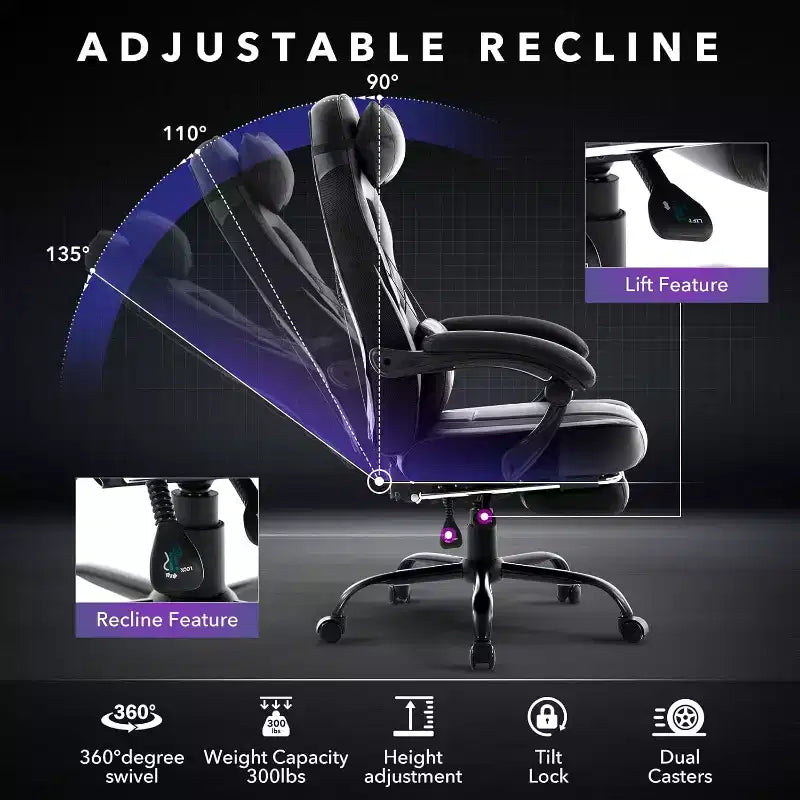 Sedia da Gaming Regolabile in Altezza con Poggiapiedi Estraibile e Supporto Lombare