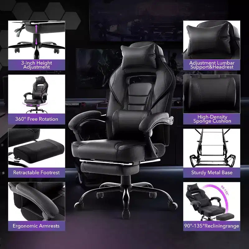 Sedia da Gaming Regolabile in Altezza con Poggiapiedi Estraibile e Supporto Lombare