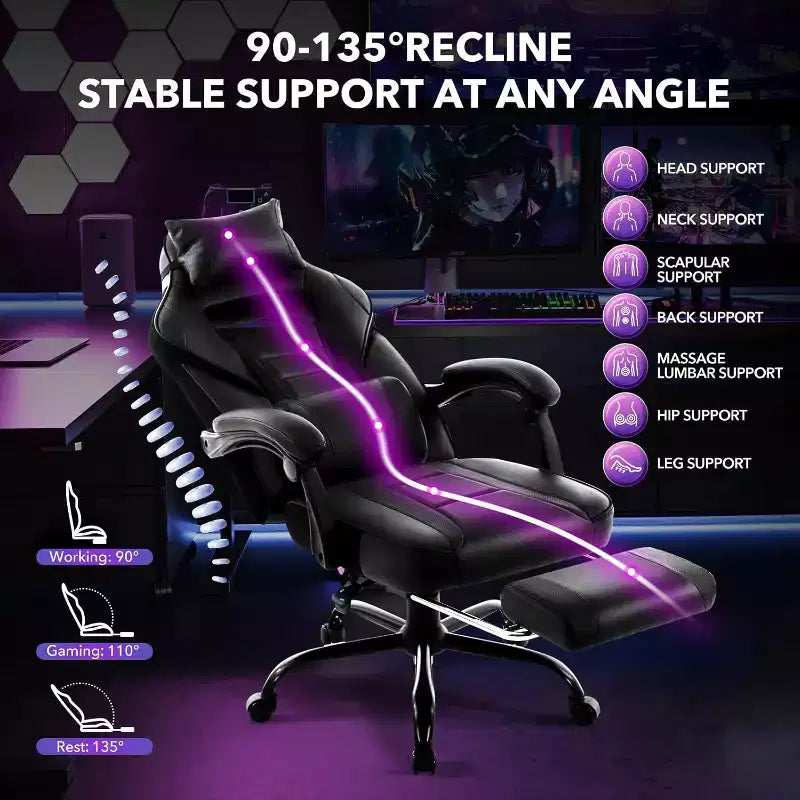 Sedia da Gaming Regolabile in Altezza con Poggiapiedi Estraibile e Supporto Lombare