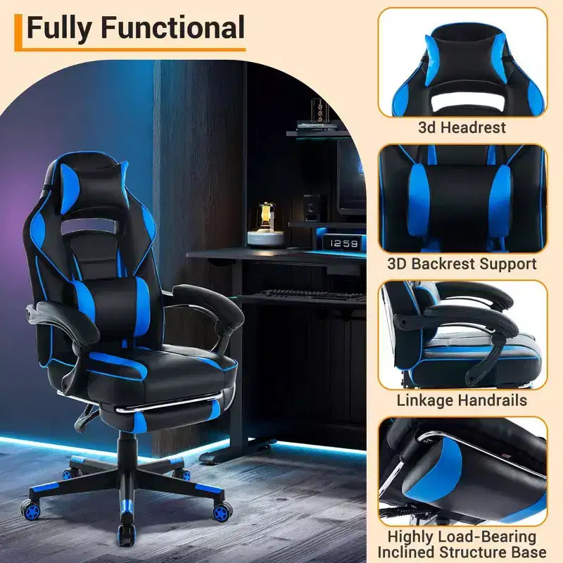 Sedia da Gaming Regolabile in Altezza con Poggiapiedi Estraibile e Supporto Lombare
