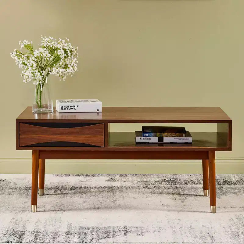 Tavolino da Caffè Mid-Century Modern con Cassetto e Ripiano