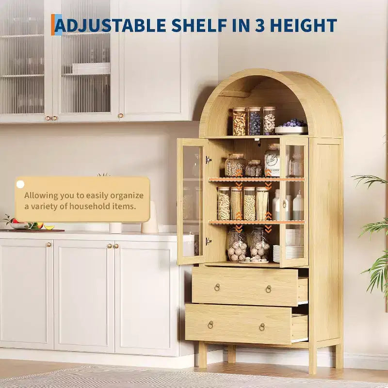 Credenza ad arco da 71" con ante in vetro temperato, 2 cassetti e ripiani regolabili – Naturale