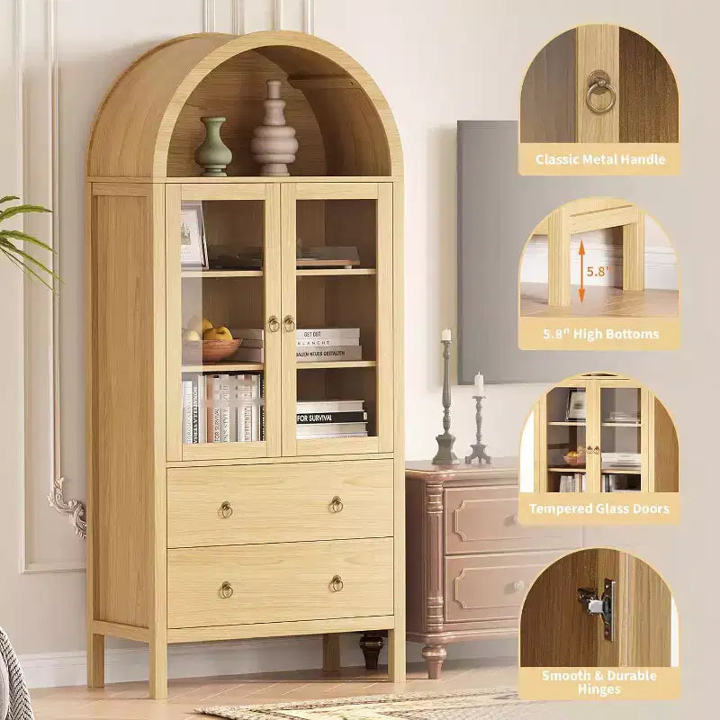 Credenza ad arco da 71" con ante in vetro temperato, 2 cassetti e ripiani regolabili – Naturale