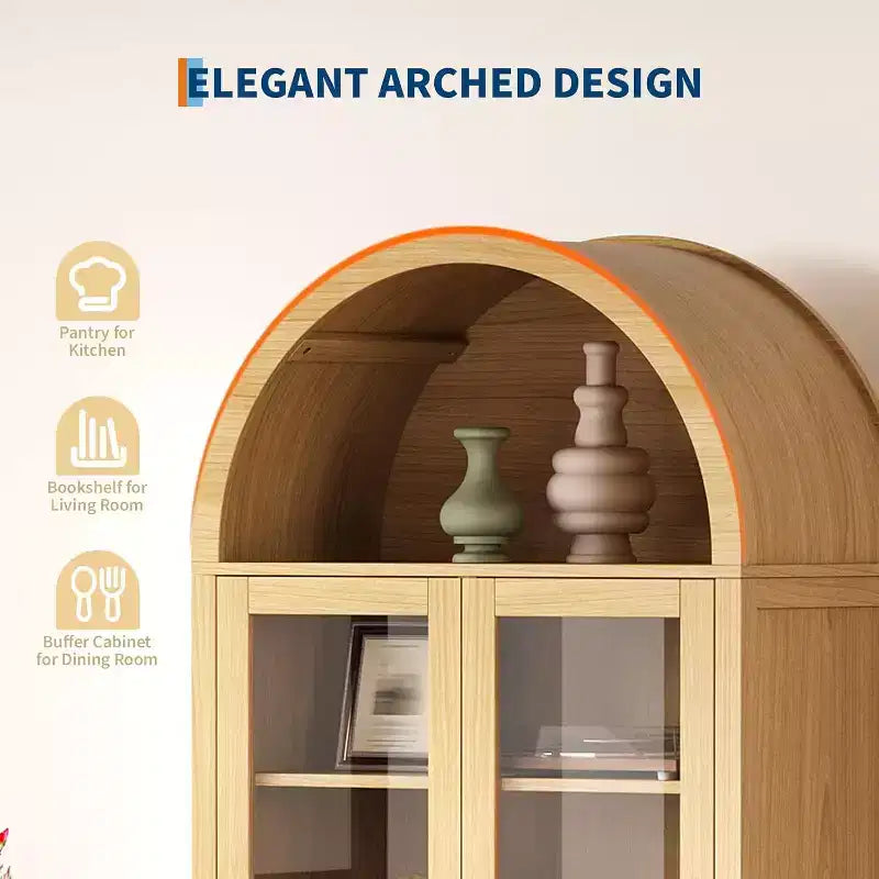 Credenza ad arco da 71" con ante in vetro temperato, 2 cassetti e ripiani regolabili – Naturale