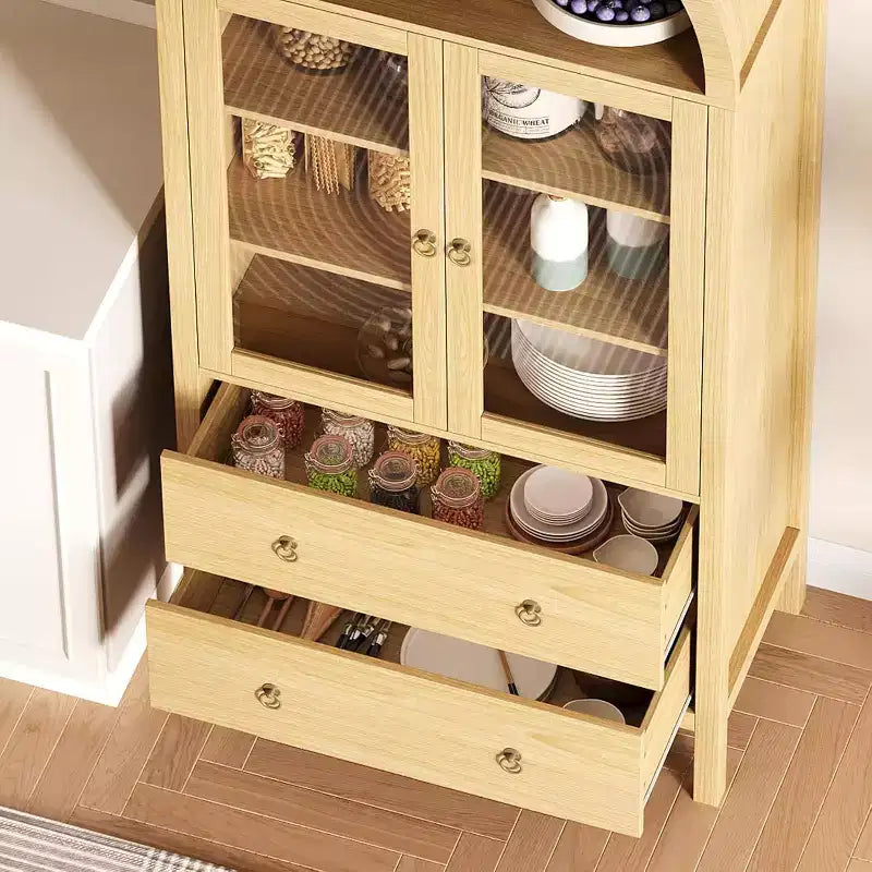 Credenza ad arco da 71" con ante in vetro temperato, 2 cassetti e ripiani regolabili – Naturale