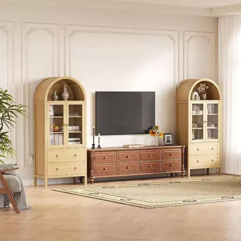 Credenza ad arco da 71" con ante in vetro temperato, 2 cassetti e ripiani regolabili – Naturale