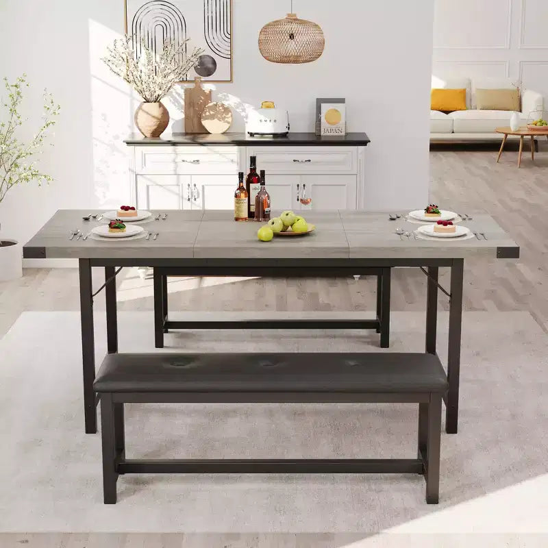 Set Tavolo da Pranzo Allungabile con 2 Panche, Posti 4–6, Stile Industriale