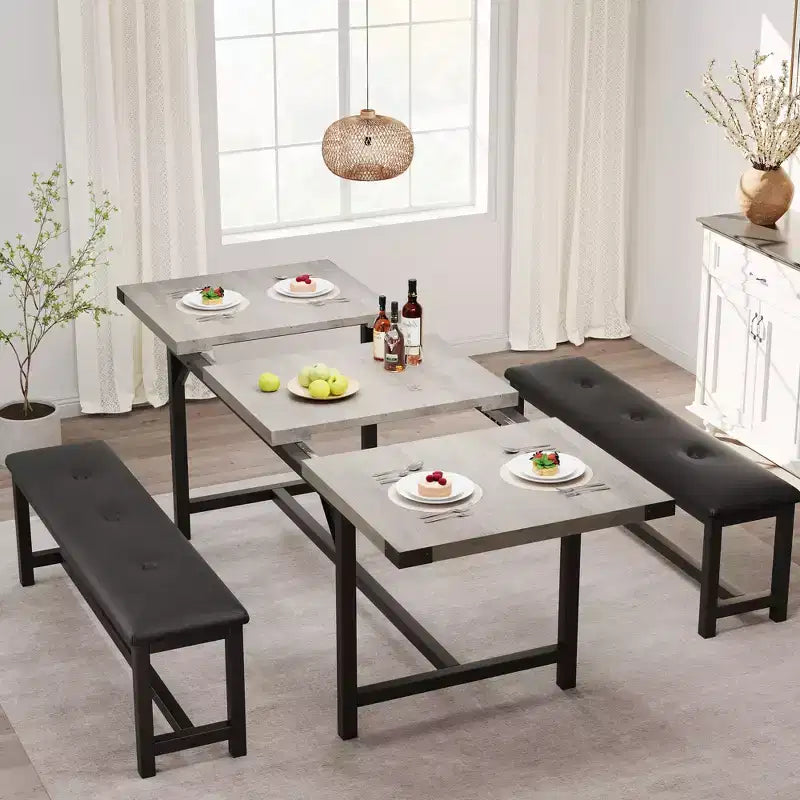 Set Tavolo da Pranzo Allungabile con 2 Panche, Posti 4–6, Stile Industriale