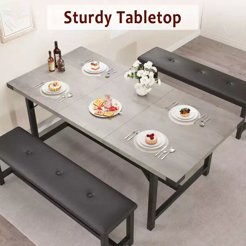 Set Tavolo da Pranzo Allungabile con 2 Panche, Posti 4–6, Stile Industriale