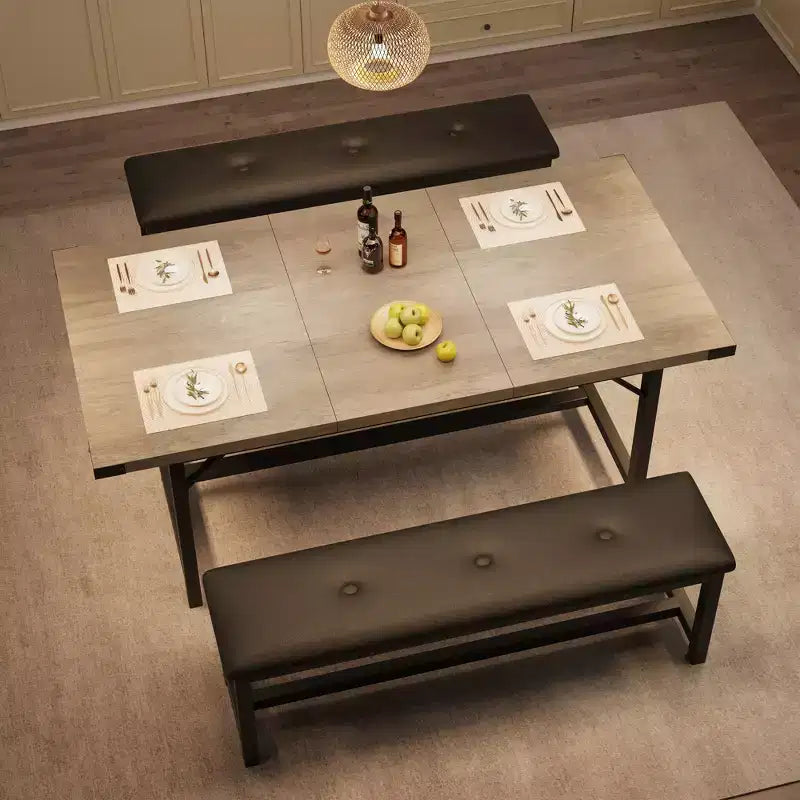 Set Tavolo da Pranzo Allungabile con 2 Panche, Posti 4–6, Stile Industriale