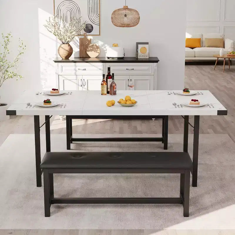 Set Tavolo da Pranzo Allungabile con 2 Panche, Posti 4–6, Stile Industriale