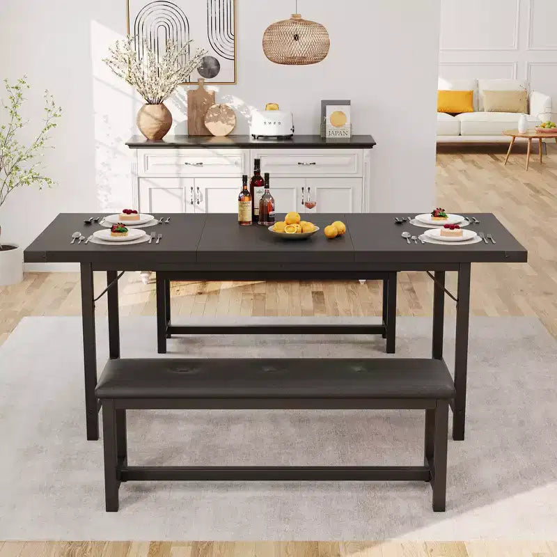 Set Tavolo da Pranzo Allungabile con 2 Panche, Posti 4–6, Stile Industriale