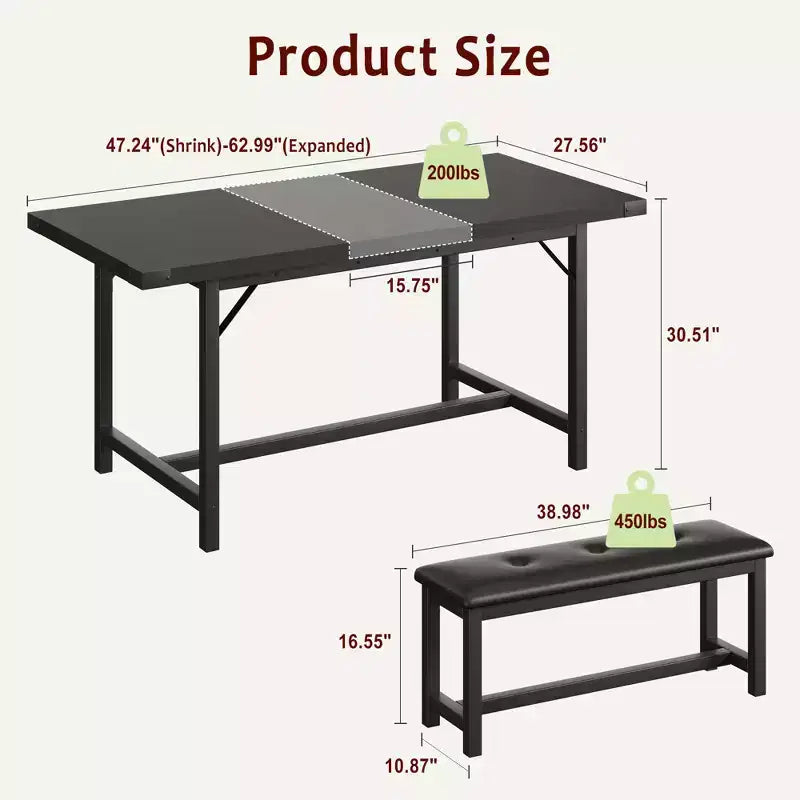 Set Tavolo da Pranzo Allungabile con 2 Panche, Posti 4–6, Stile Industriale