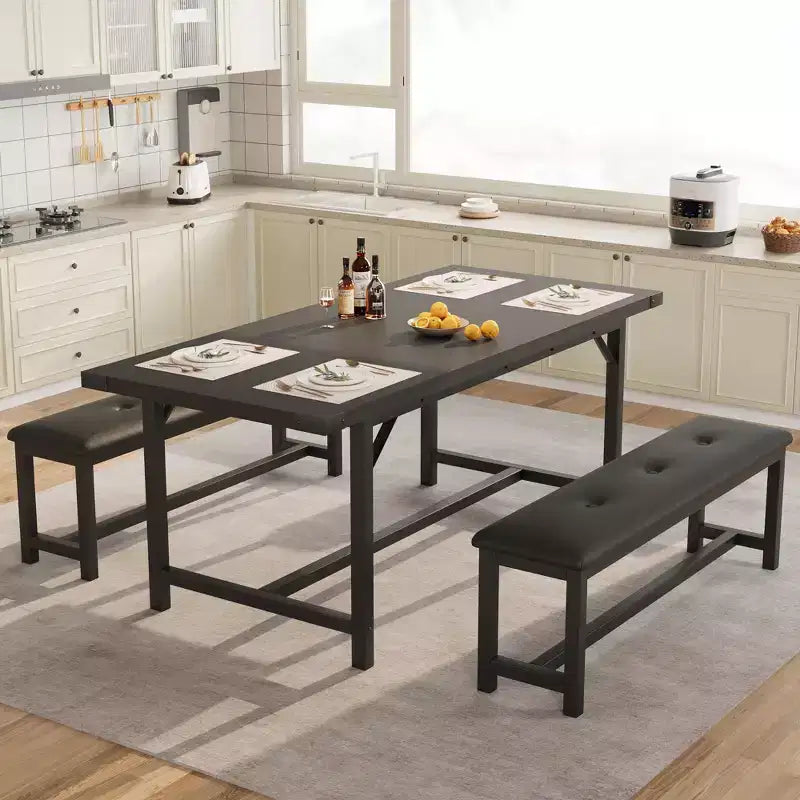 Set Tavolo da Pranzo Allungabile con 2 Panche, Posti 4–6, Stile Industriale