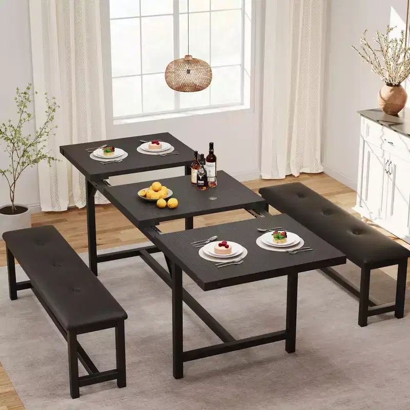 Set Tavolo da Pranzo Allungabile con 2 Panche, Posti 4–6, Stile Industriale