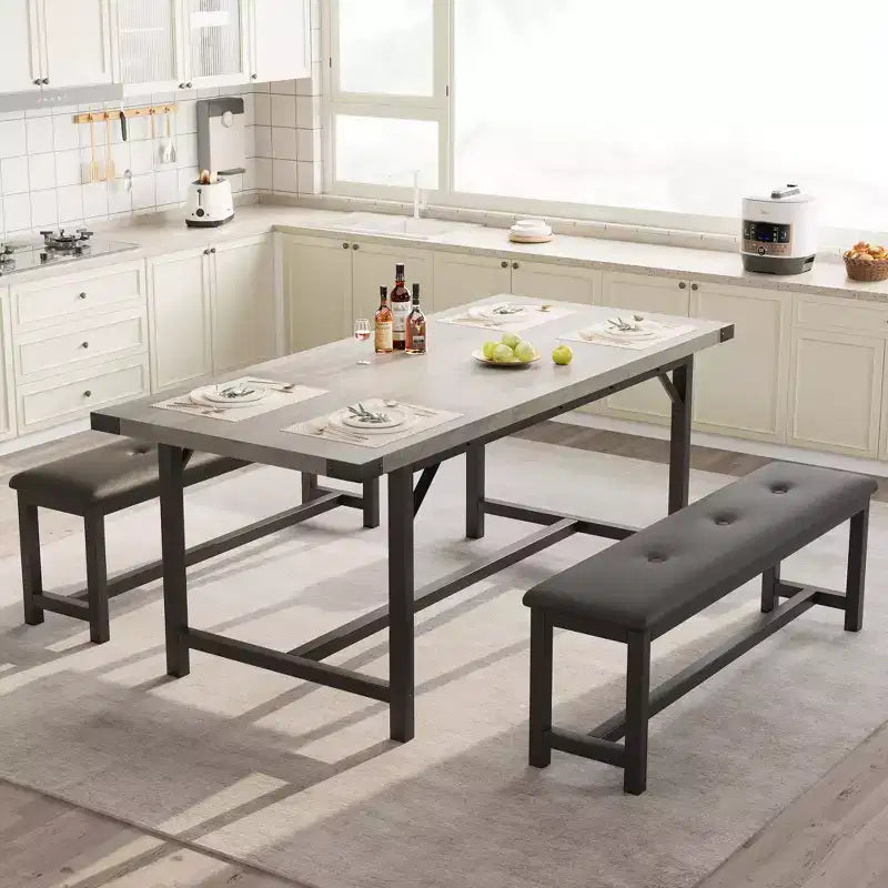 Set Tavolo da Pranzo Allungabile con 2 Panche, Posti 4–6, Stile Industriale