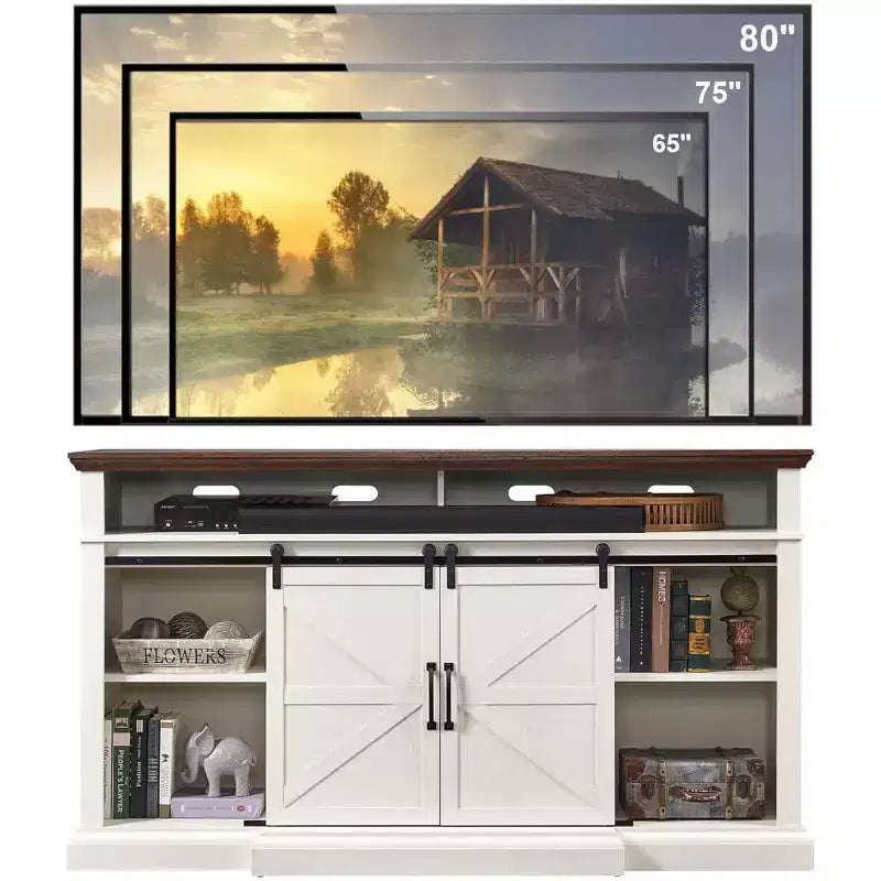 Mobile TV da fattoria per TV fino a 80", console multimediale alta 94 cm con ante scorrevoli a persiana, armadietti e ripiani regolabili