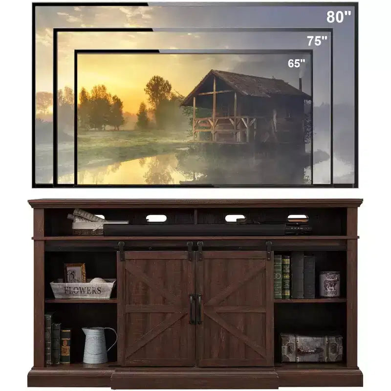 Mobile TV da fattoria per TV fino a 80", console multimediale alta 94 cm con ante scorrevoli a persiana, armadietti e ripiani regolabili