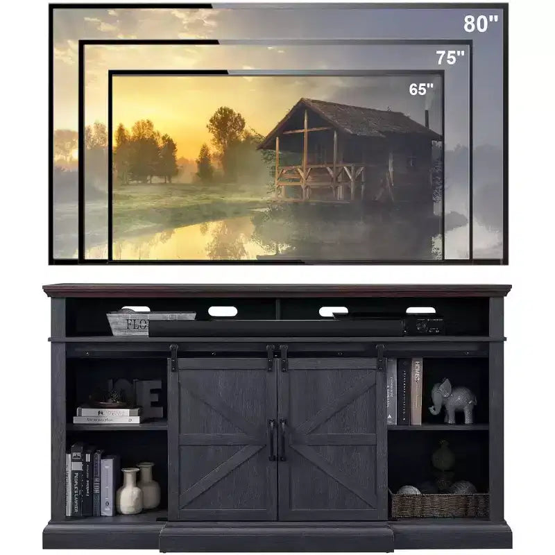 Mobile TV da fattoria per TV fino a 80", console multimediale alta 94 cm con ante scorrevoli a persiana, armadietti e ripiani regolabili