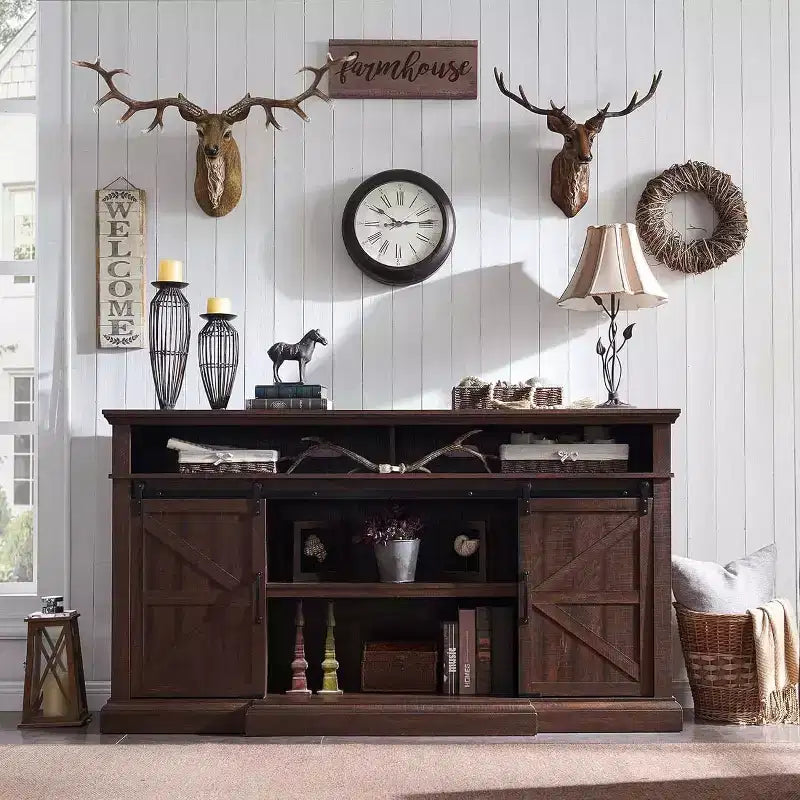 SinCiDo Farmhouse TV Stand for 80 TVs, 37 Tall Media Console with Sliding Barn Door, Storage Cabinets & Adjustable Shelves