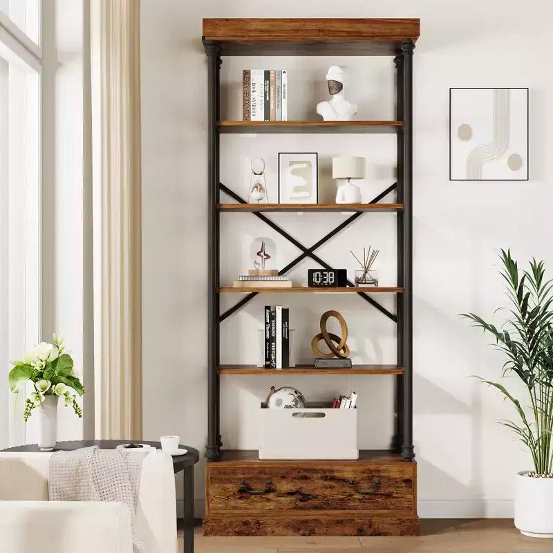 Libreria a 6 ripiani con cassetto portaoggetti e struttura in metallo