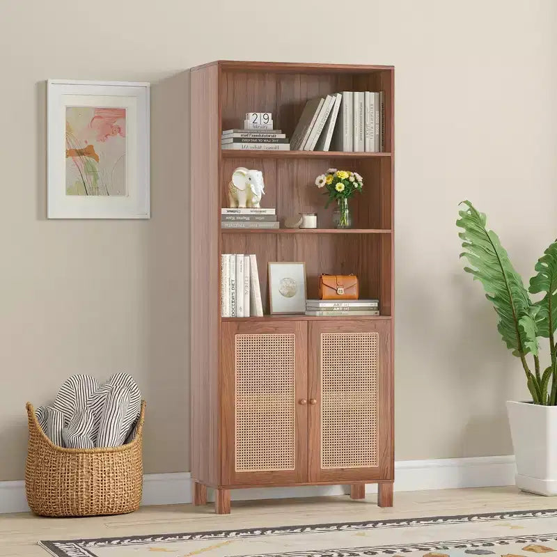 Libreria a 5 ripiani con ante in rattan - Scaffale alto per ufficio e camera da letto