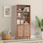 Libreria a 5 ripiani con ante in rattan - Scaffale alto per ufficio e camera da letto