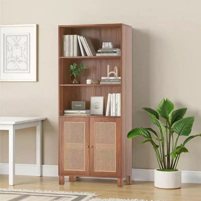 Libreria a 5 ripiani con ante in rattan - Scaffale alto per ufficio e camera da letto
