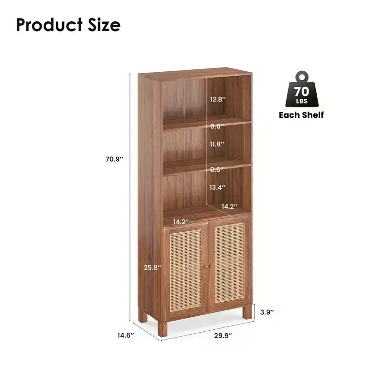 Libreria a 5 ripiani con ante in rattan - Scaffale alto per ufficio e camera da letto