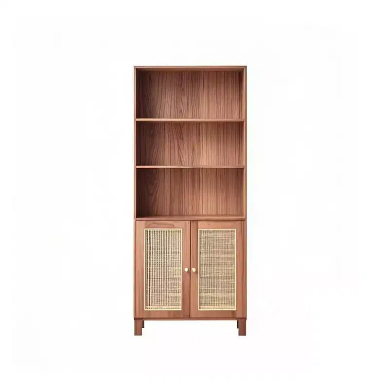 Libreria a 5 ripiani con ante in rattan - Scaffale alto per ufficio e camera da letto