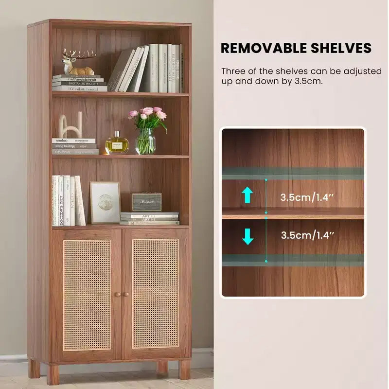 Libreria a 5 ripiani con ante in rattan - Scaffale alto per ufficio e camera da letto