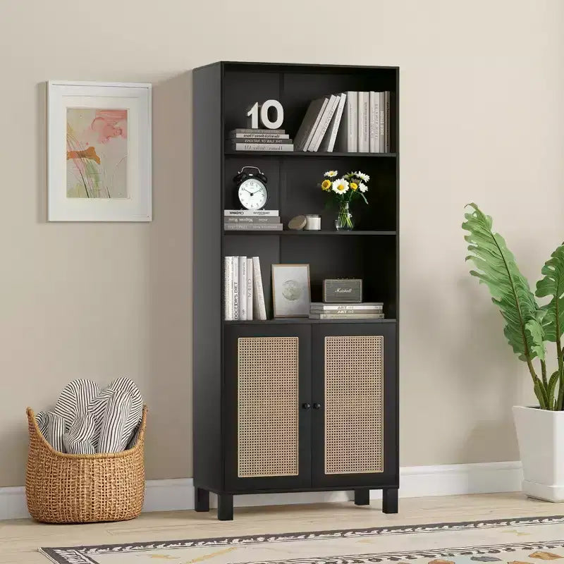 Libreria a 5 ripiani con ante in rattan - Scaffale alto per ufficio e camera da letto