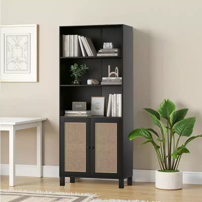 Libreria a 5 ripiani con ante in rattan - Scaffale alto per ufficio e camera da letto