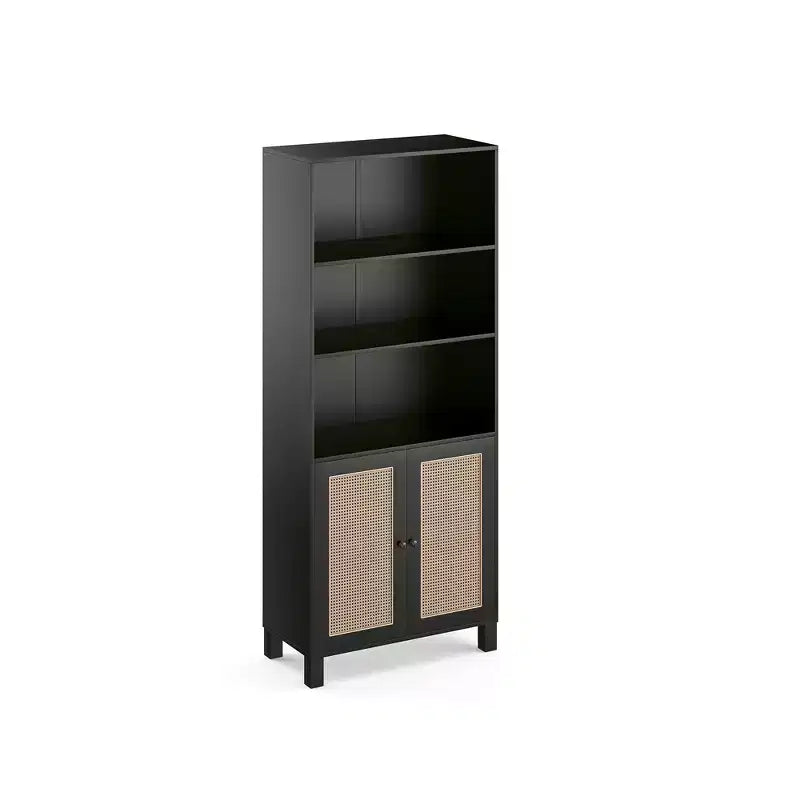 Libreria a 5 ripiani con ante in rattan - Scaffale alto per ufficio e camera da letto