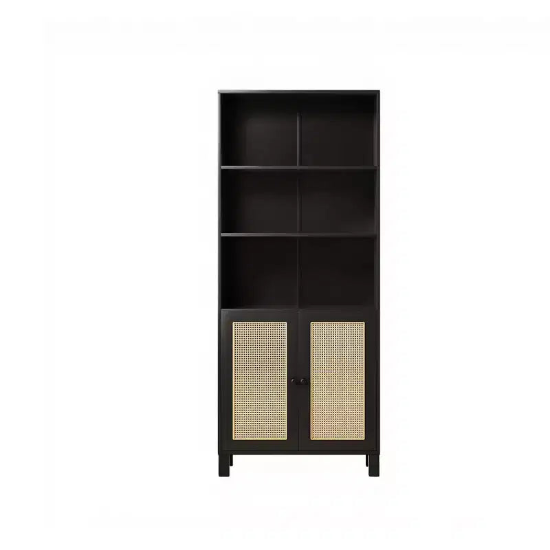 Libreria a 5 ripiani con ante in rattan - Scaffale alto per ufficio e camera da letto