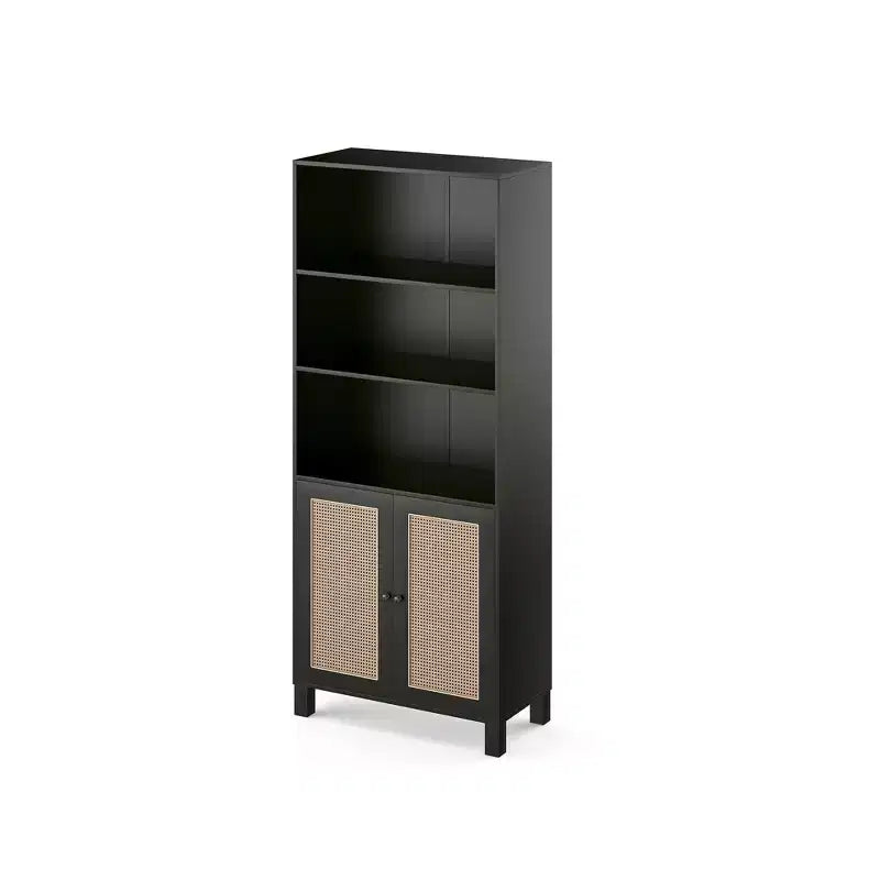 Libreria a 5 ripiani con ante in rattan - Scaffale alto per ufficio e camera da letto