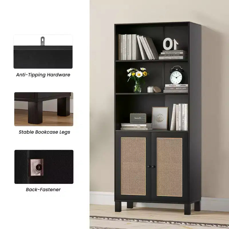 Libreria a 5 ripiani con ante in rattan - Scaffale alto per ufficio e camera da letto