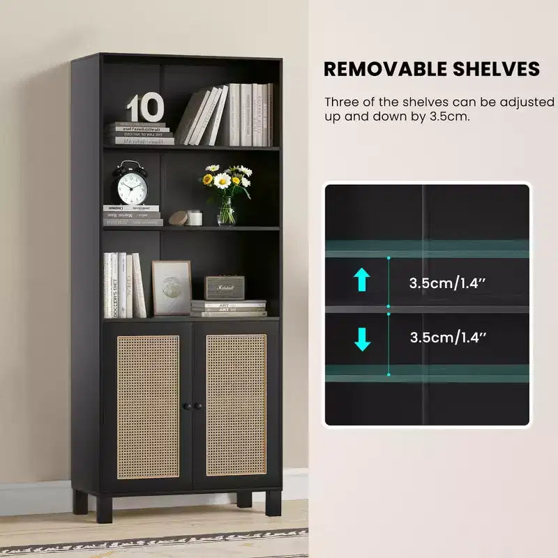 Libreria a 5 ripiani con ante in rattan - Scaffale alto per ufficio e camera da letto